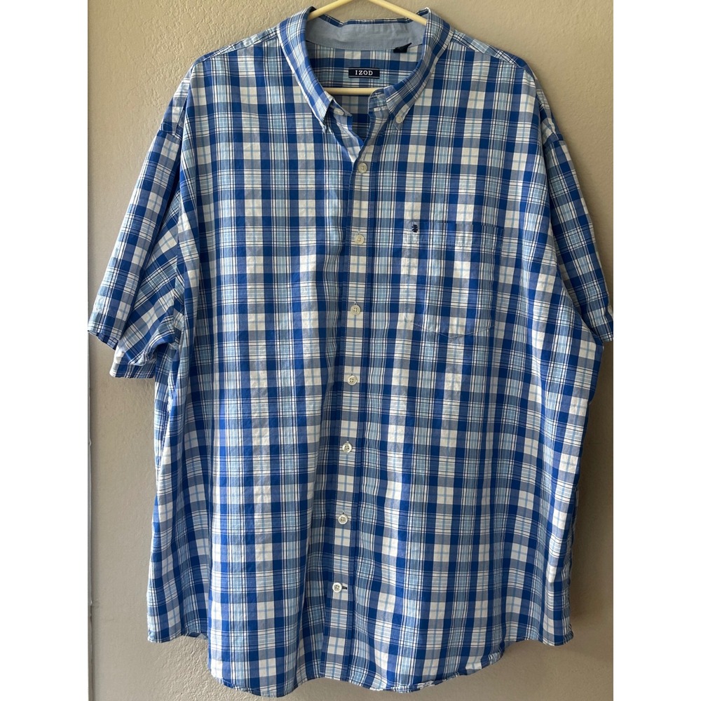 IZOD Mens 3XL Short Sleeve Button Down Shirt Blue White Plaid Cotton Pocket